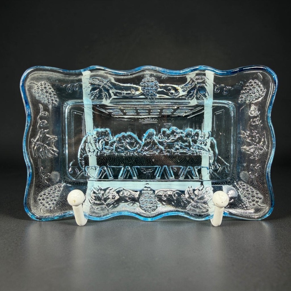 Vintage Indiana Tiara Glass Blue Last Supper Trinket Dish Scalloped Tray Grape